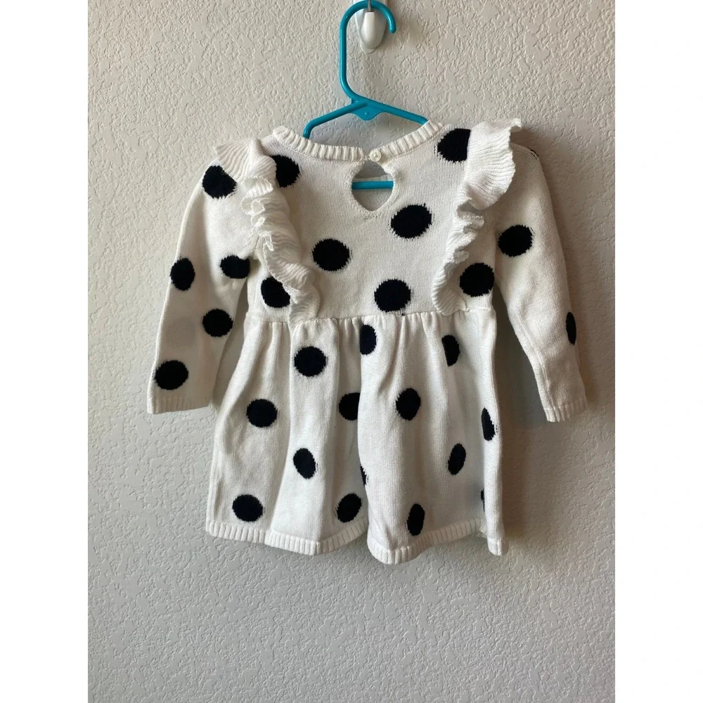 Carter's Baby Girl Polka Dot Ruffle Knit Sweater Dress Size 9M White Black